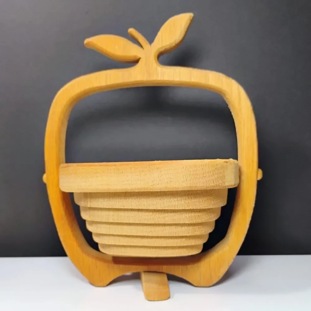 Vtg Basket Apple Shaped Tan Wooden Cut Collapsible Accent Fruit Holder Handmade